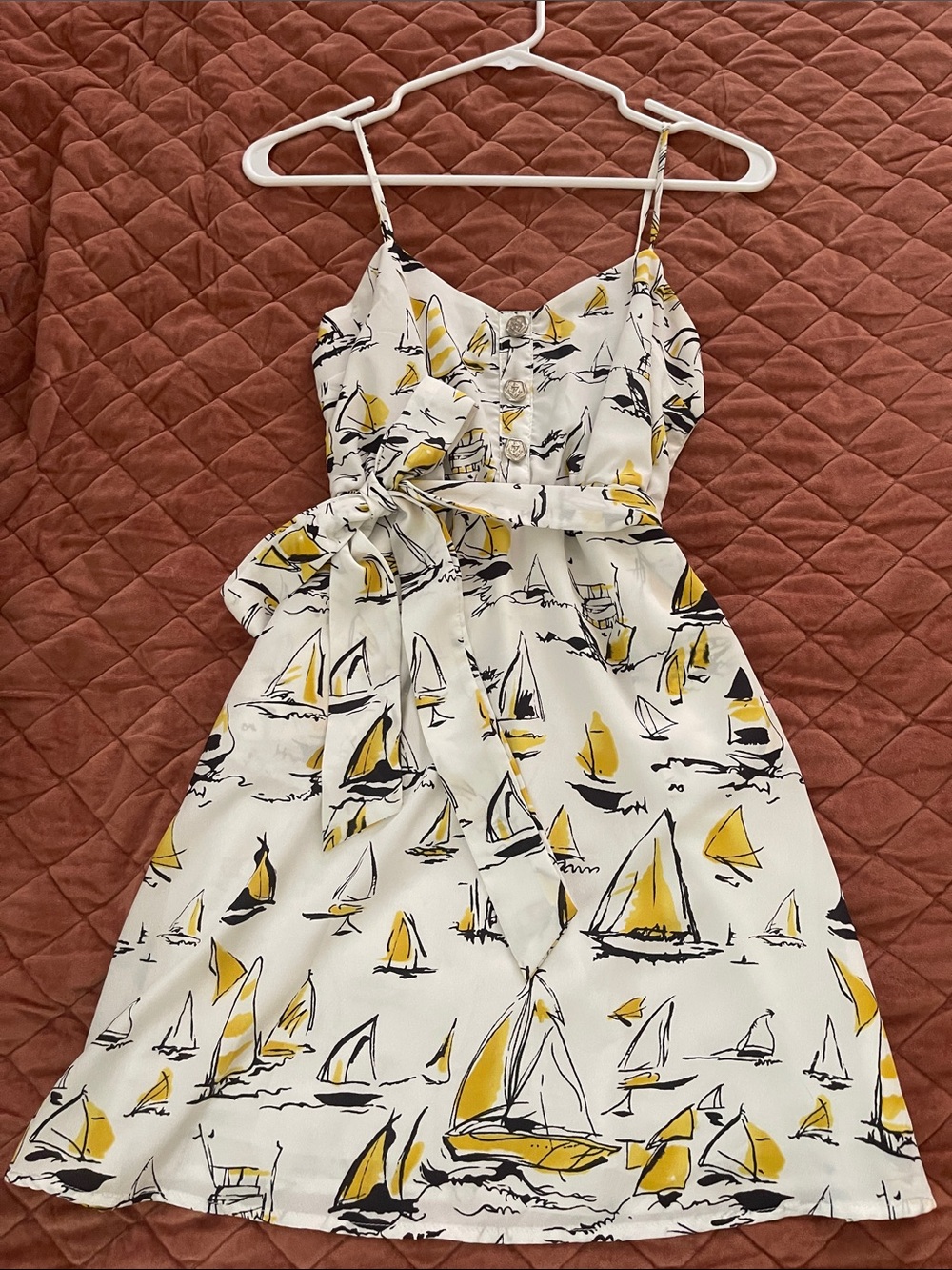 XS/S White Dress with Yellow & Navy Sailboat Print